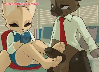 Fenneko touches hyena's dick with her furry feet